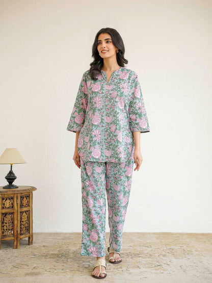 Cotton Printed Lounge Wear Coord Set Light Green