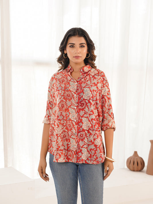 Block Printed Cotton Meher Shirt Red Flower