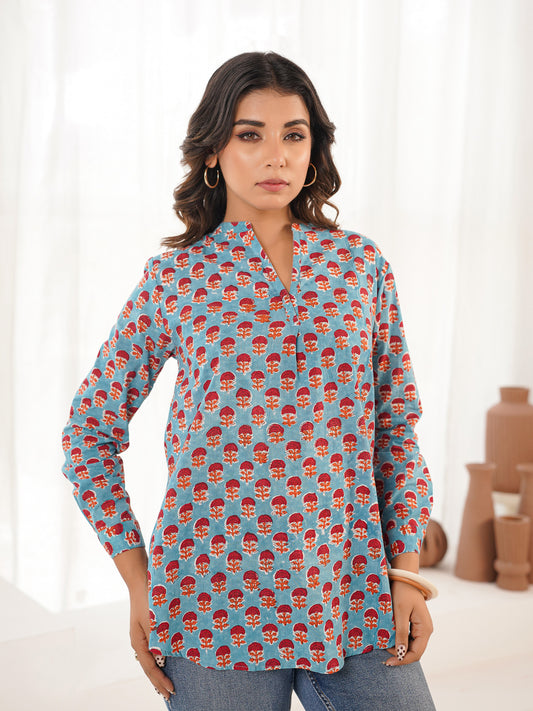 Cotton Printed Top For Women Turquoise