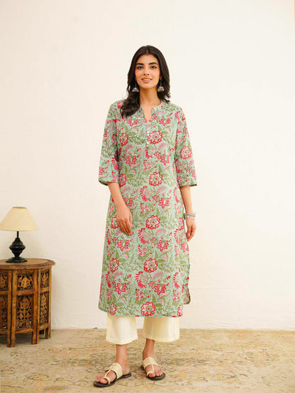 Cotton Pleat Kurta For Women Green Flower