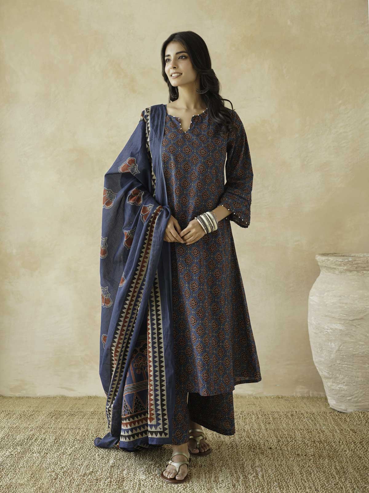 Cotton Printed Aline Kurta Set For Women Blue