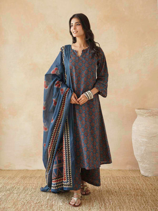 Cotton Printed Aline Kurta Set For Women Blue