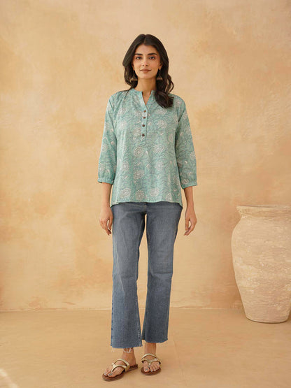 Cotton Printed Everyday Tunic Top For Women Green