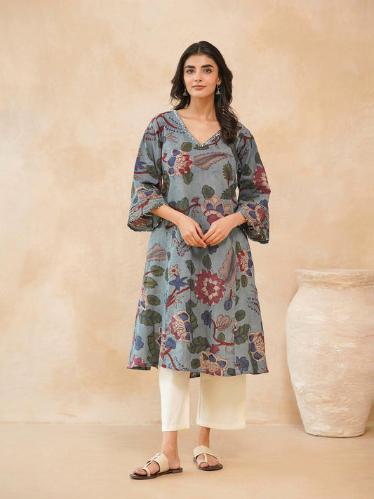 Cotton Printed Ultimate Aline Kurta For Women Blue