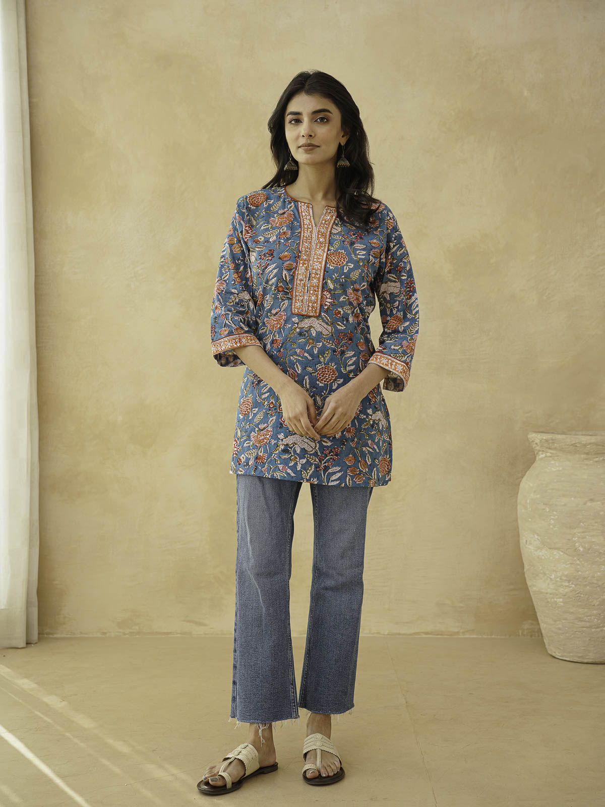 Cotton Printed Sequin Short Kurti For Women Blue Jaal