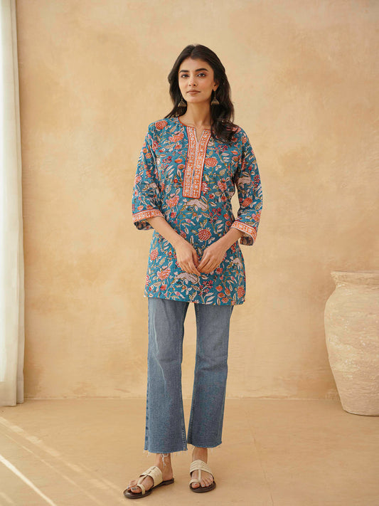 Cotton Printed Sequin Short Kurti For Women Blue Jaal