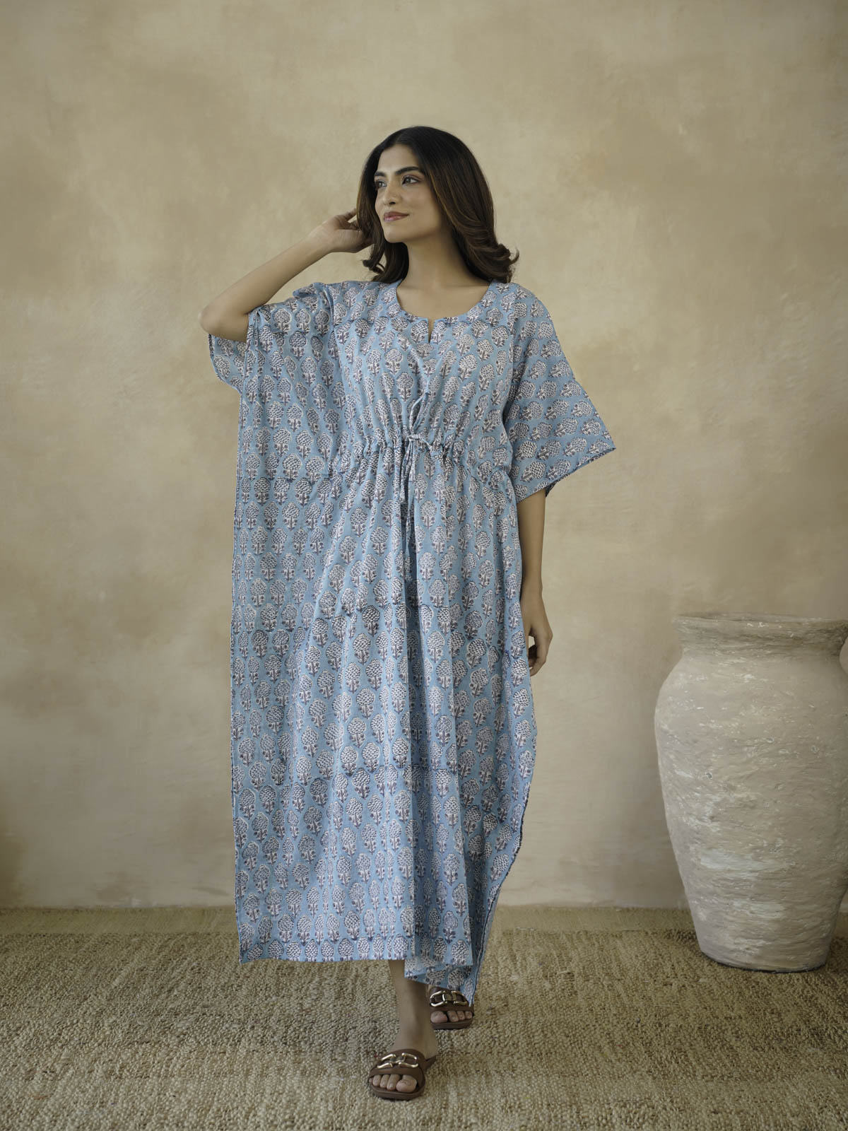 Block-Printed Cotton Long Kaftan Blue Booty