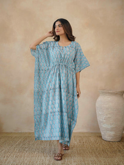 Block-Printed Cotton Long Kaftan Blue Booty