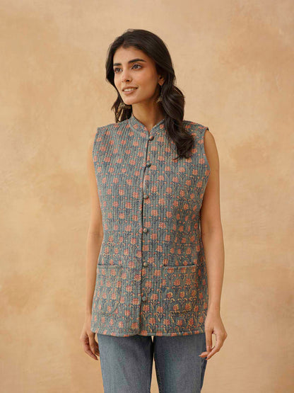 Cotton Printed Sleeveless Quilted Jacket Grey Booty