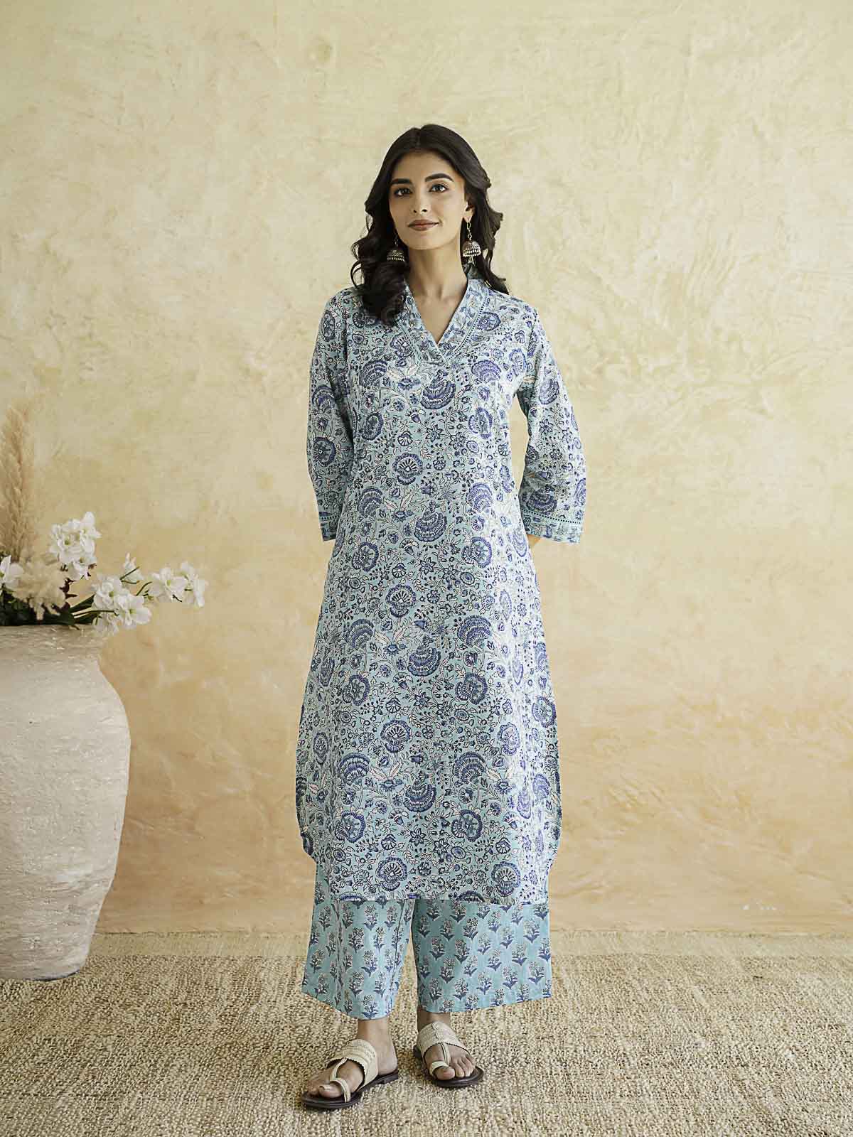 Classic Cotton Kurta Set For Women Sky Blue