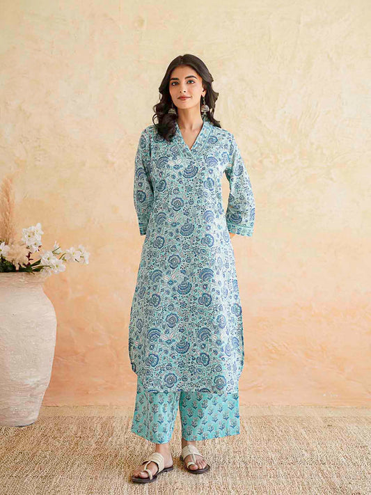 Classic Cotton Kurta Set For Women Sky Blue