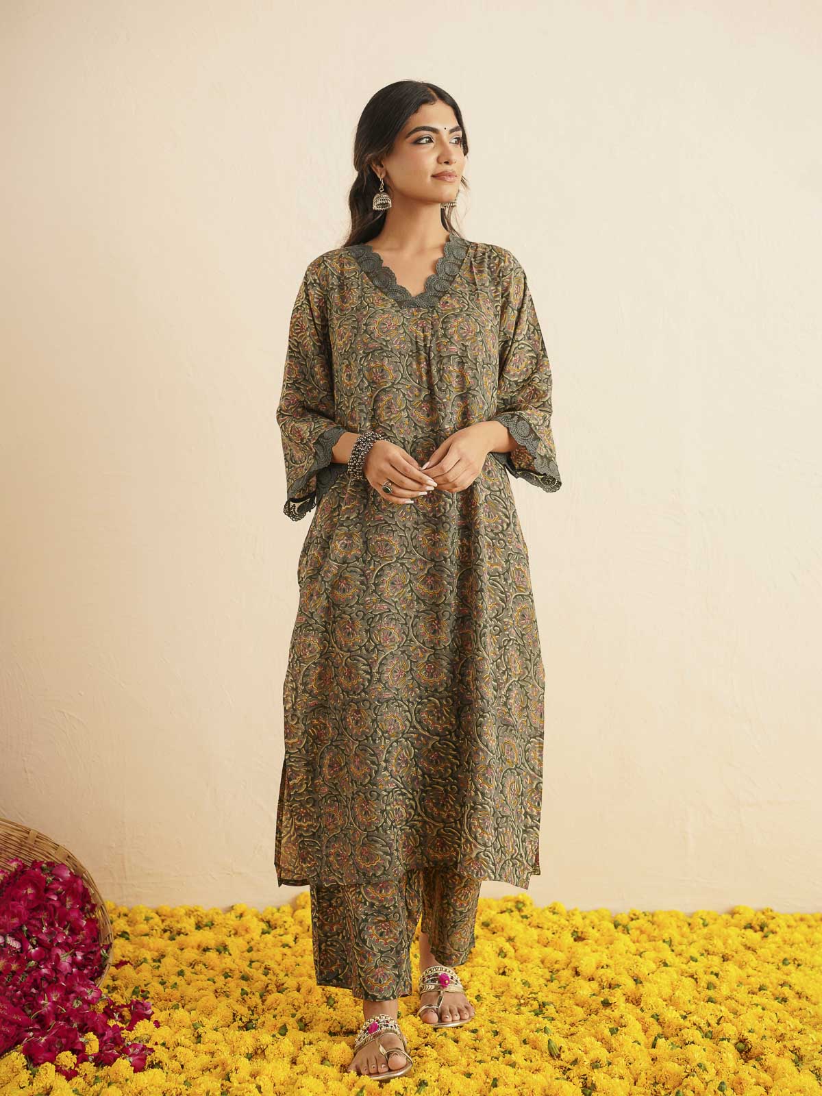 Block Printed Cotton Kurta Pant Bagiya Set Forest Green
