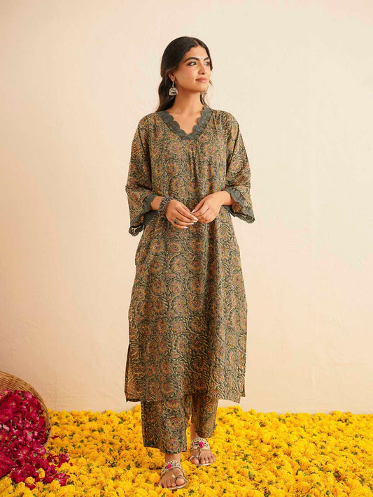 Block Printed Cotton Kurta Pant Bagiya Set Forest Green