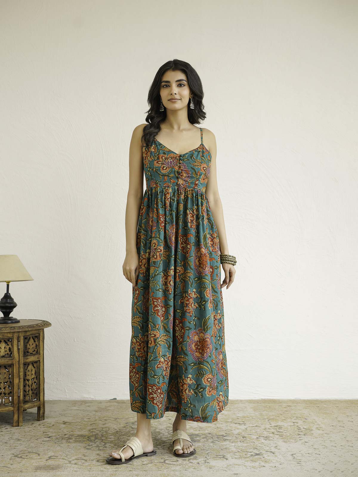 V-Neck Long Strappy Dress Dark Green