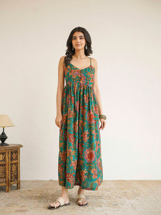 V-Neck Long Strappy Dress Dark Green