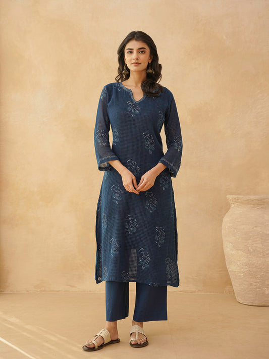 Cotton Printed Kantha Style Set For Women Indigo