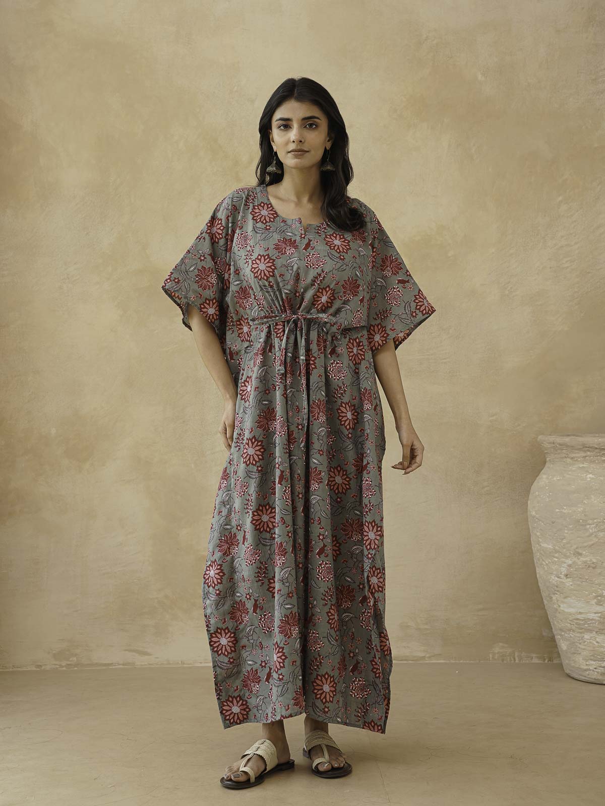 Block-Printed Cotton Long Kaftan Grey
