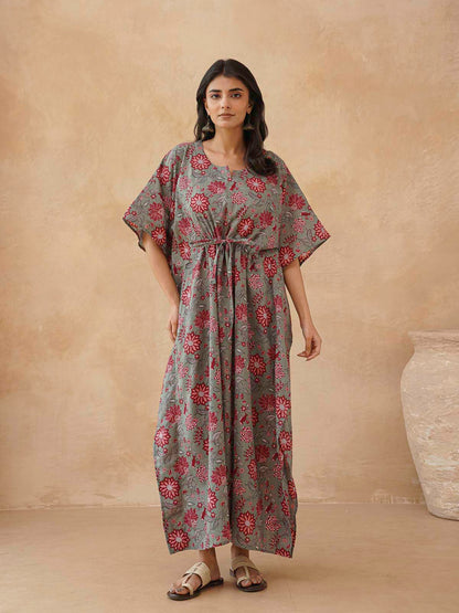 Block-Printed Cotton Long Kaftan Grey