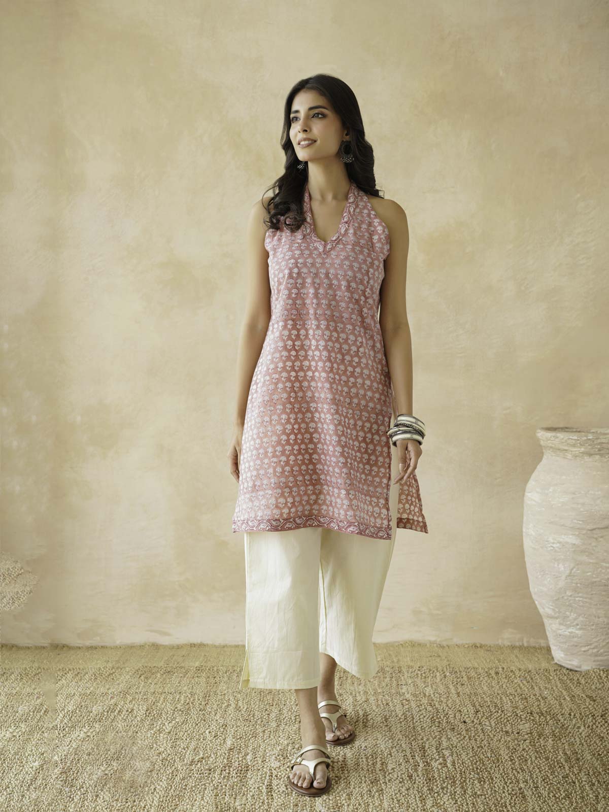 Sleeveless Cotton Halter Neck Kurti Dusty Pink