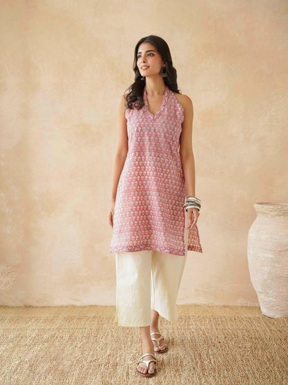 Sleeveless Cotton Halter Neck Kurti Dusty Pink