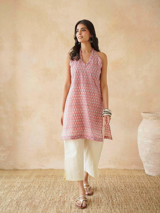 Sleeveless Cotton Halter Neck Kurti Dusty Pink