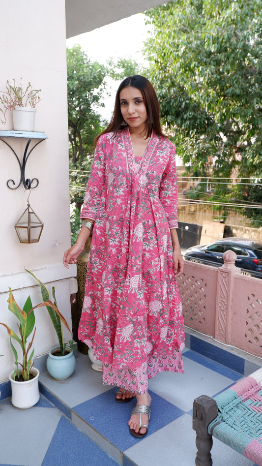 Block Printed A-Line Cotton Kurta Pant Mughal Set Pink