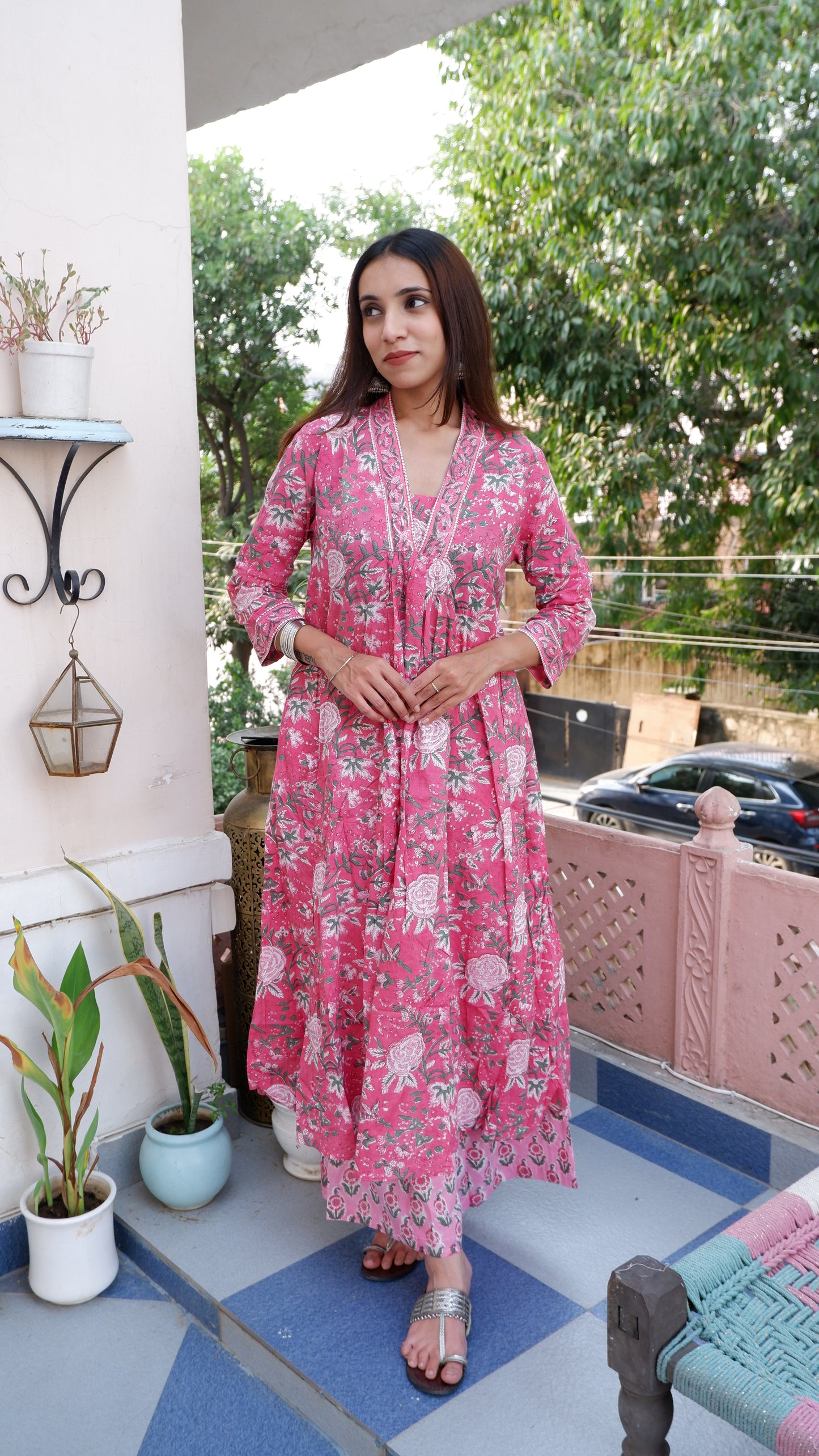 Block Printed A-Line Cotton Kurta Pant Mughal Set Pink