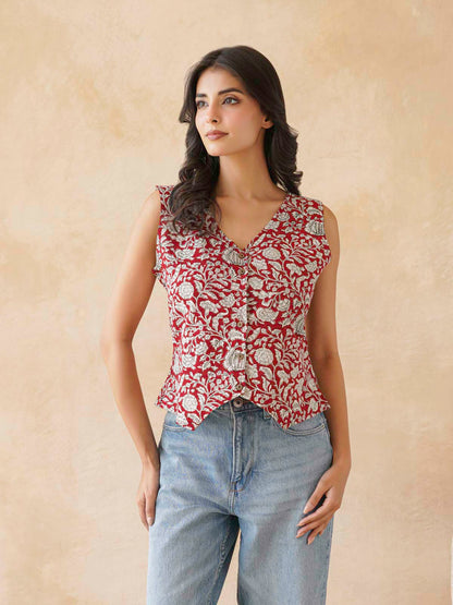 Sleeveless Cotton Block Printed Kothi Top Red Jaal