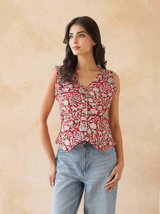 Sleeveless Cotton Block Printed Kothi Top Red Jaal