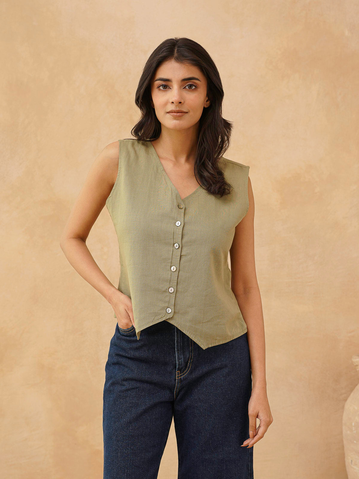 Classic Linen Vest For Women Green