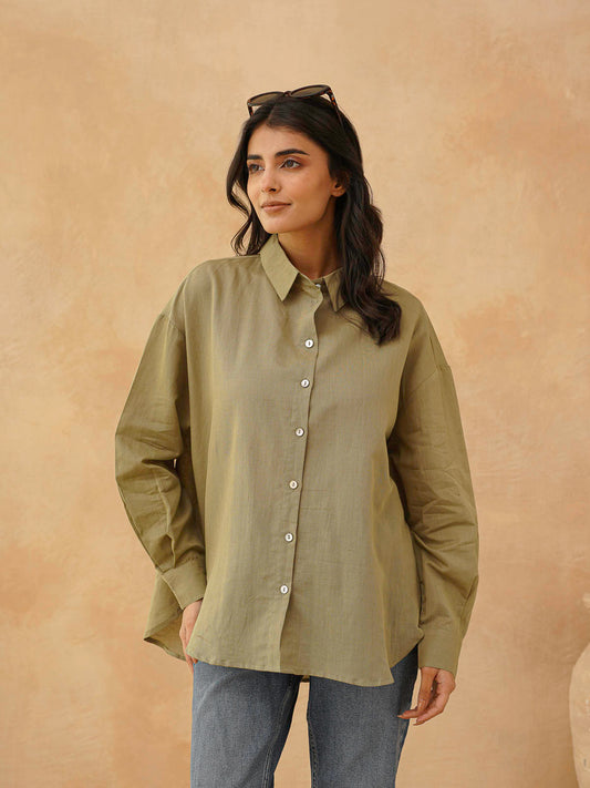 Classic Linen Shirt For Women Green