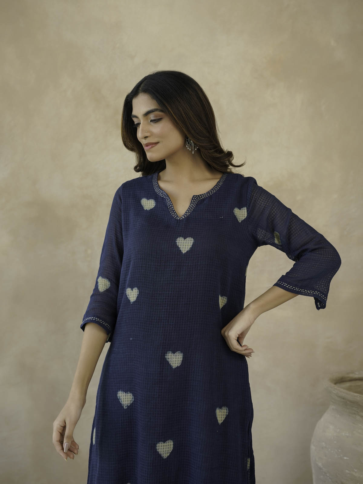Cotton Printed Kantha Style Set For Women Indigo Heart