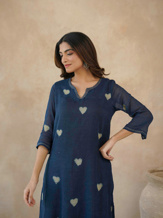 Cotton Printed Kantha Style Set For Women Indigo Heart