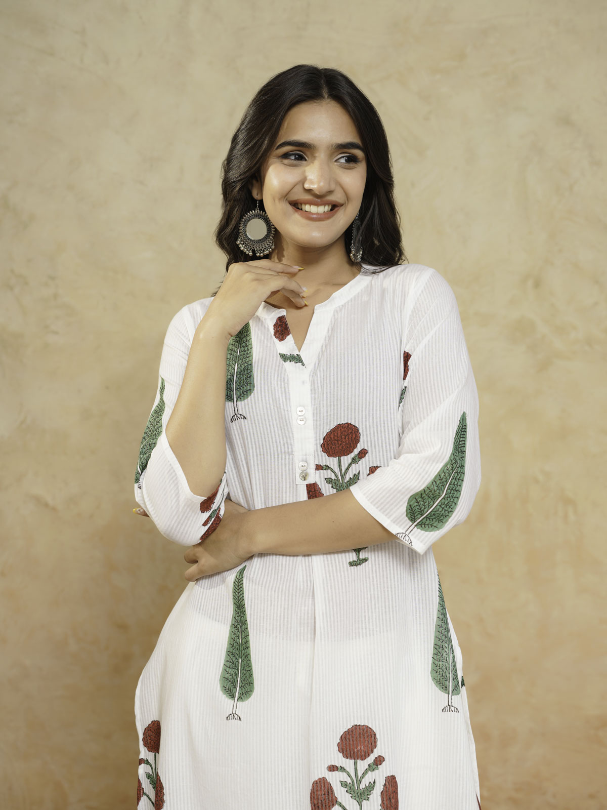 Cotton Pleat Kurta For Women White Patti