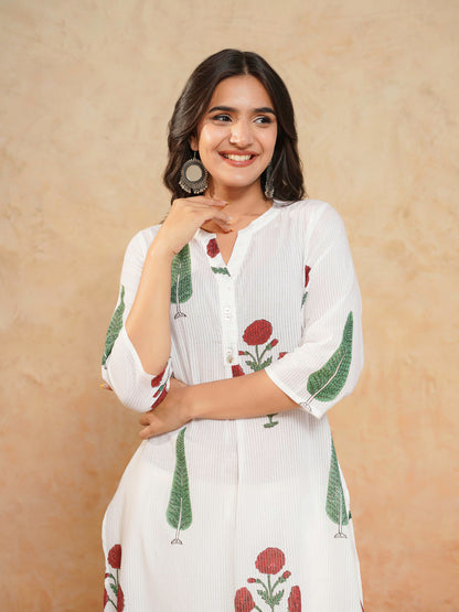 Cotton Pleat Kurta For Women White Patti