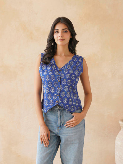 Sleeveless Cotton Block Printed Kothi Top Royal Blue