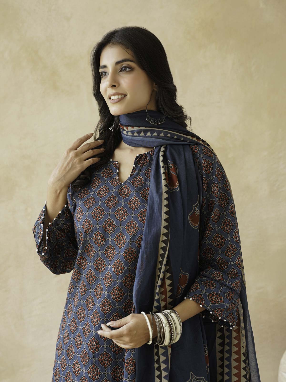 Cotton Printed Aline Kurta Set For Women Blue