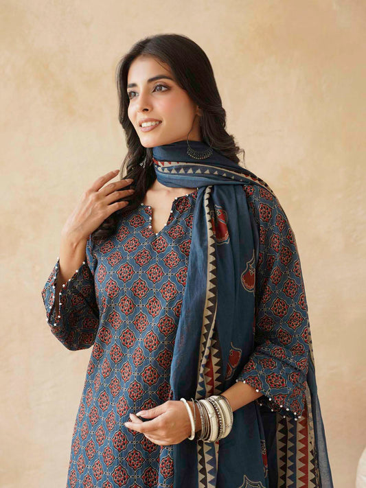 Cotton Printed Aline Kurta Set For Women Blue