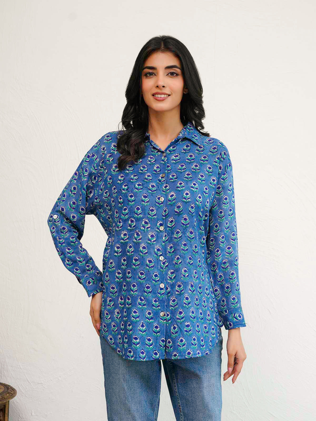 Block Printed Cotton Meher Shirt Blue Booty
