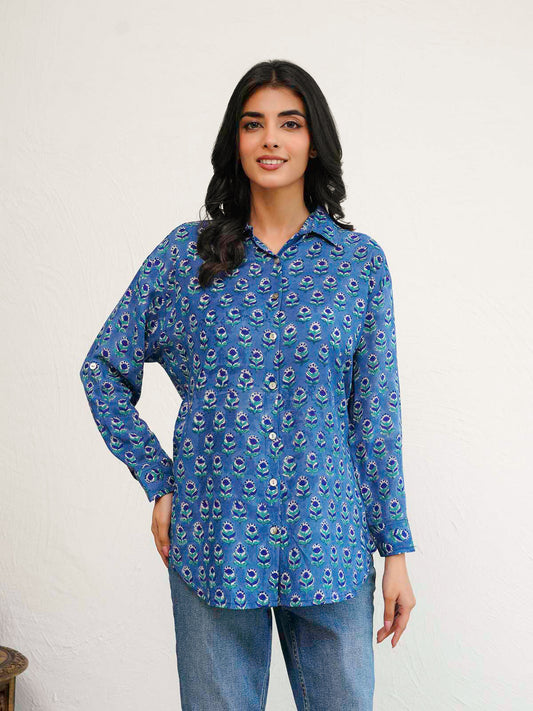 Block Printed Cotton Meher Shirt Blue Booty