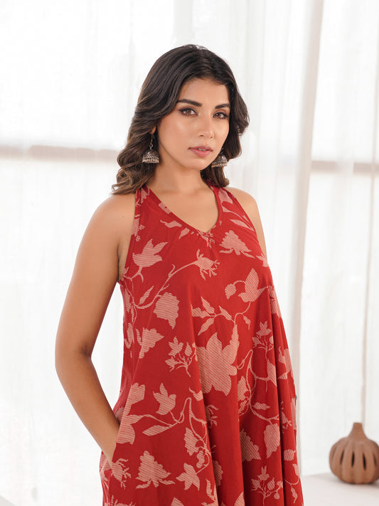 Cotton Printed Aline Moana Dress Red