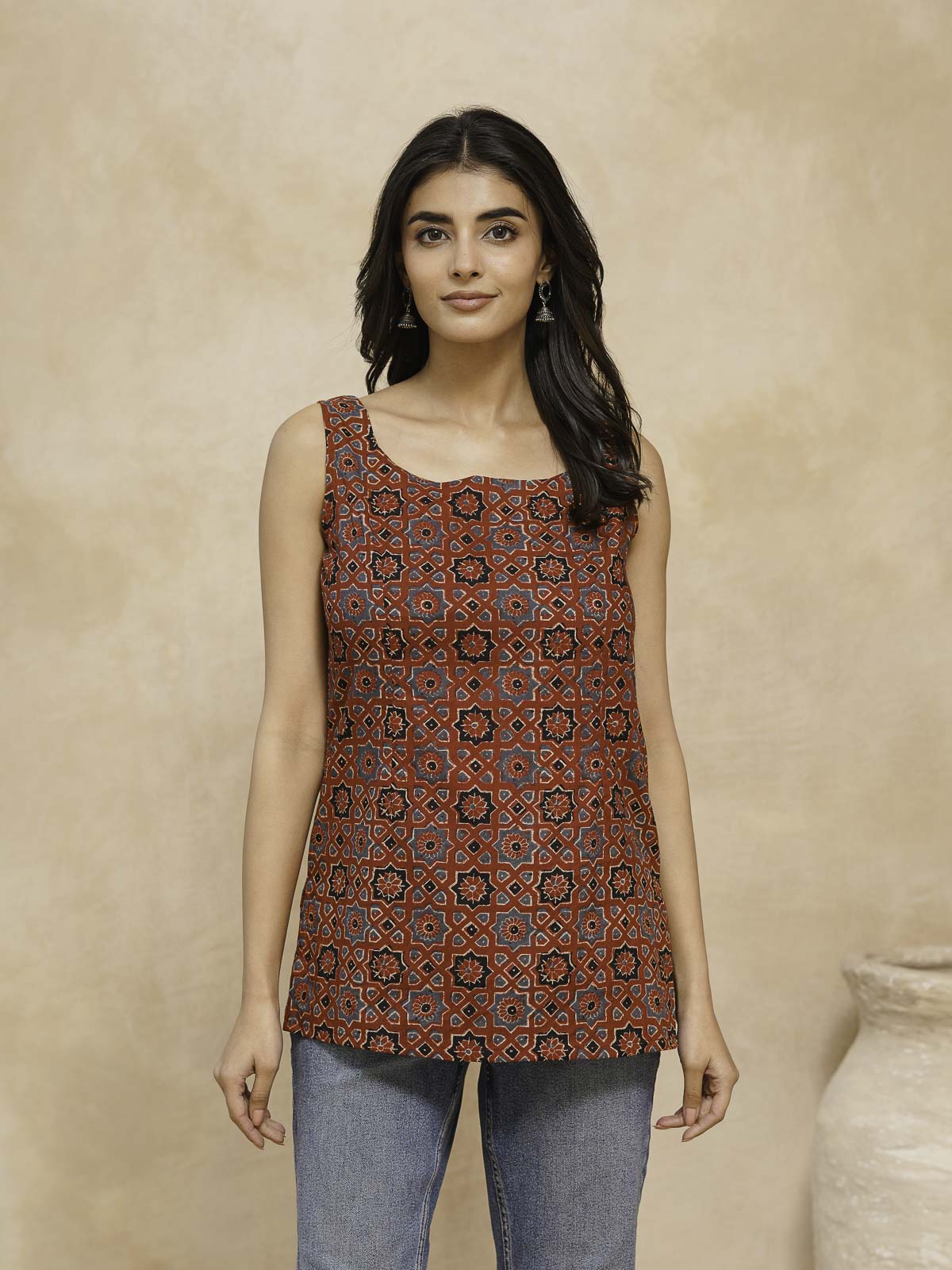 Cotton Printed Stylish Backless Tie-Up Kurti Ajrakh