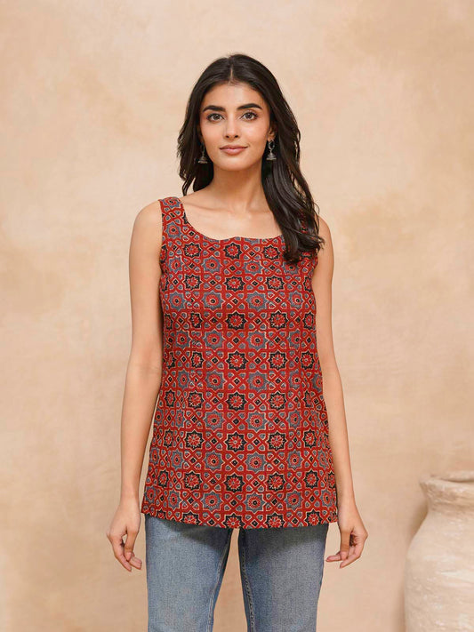 Cotton Printed Stylish Backless Tie-Up Kurti Ajrakh