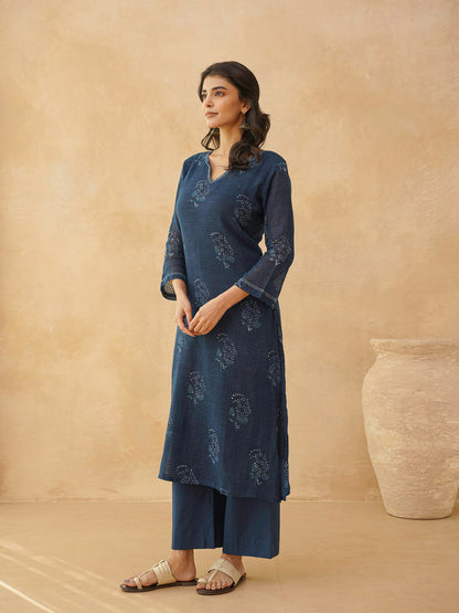 Cotton Printed Kantha Style Set For Women Indigo