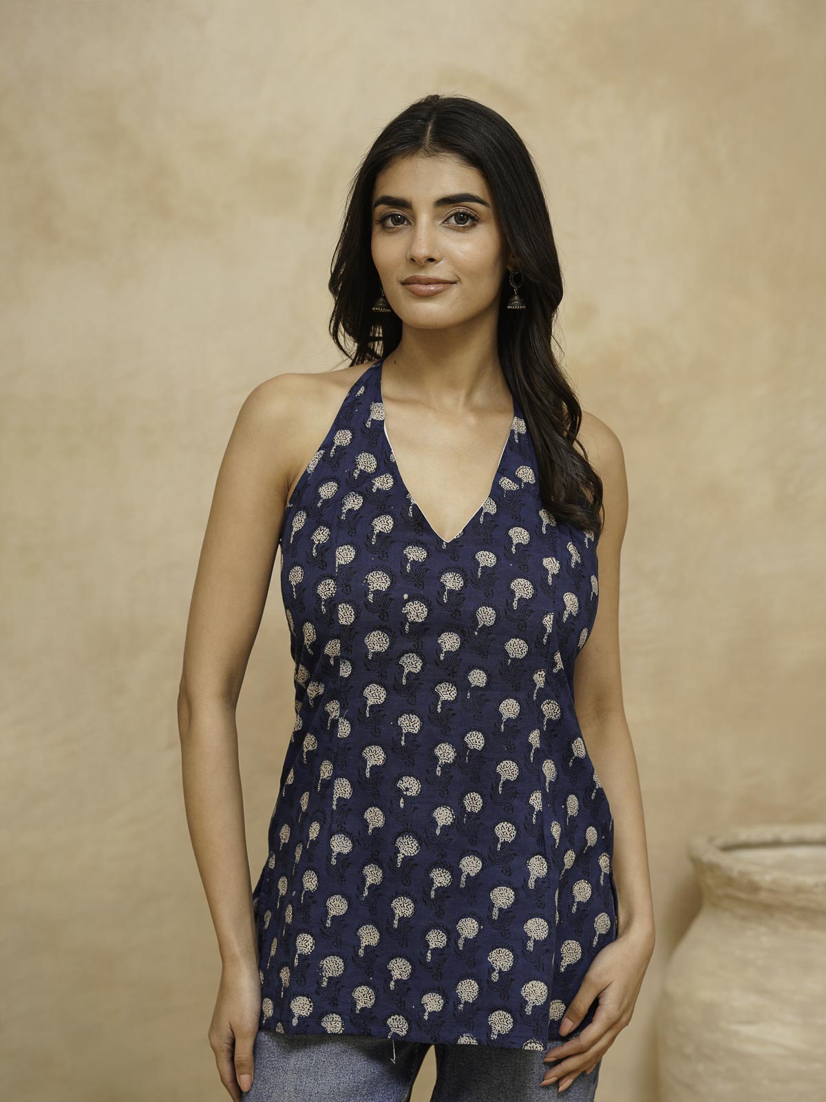 Cotton Printed Stylish Halter Tie-Up Kurti Indigo
