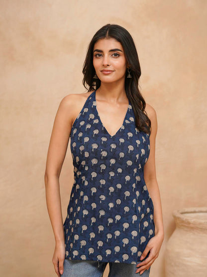 Cotton Printed Stylish Halter Tie-Up Kurti Indigo