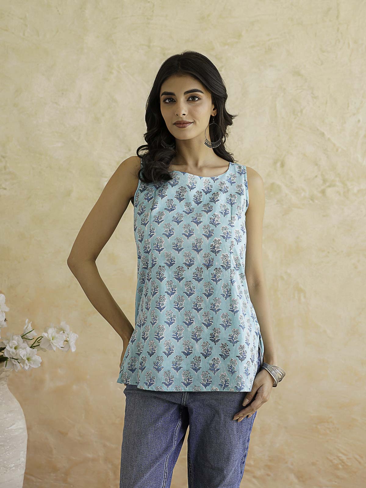Cotton Printed Stylish Backless Tie-Up Kurti Sky Blue