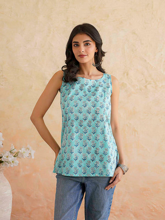 Cotton Printed Stylish Backless Tie-Up Kurti Sky Blue