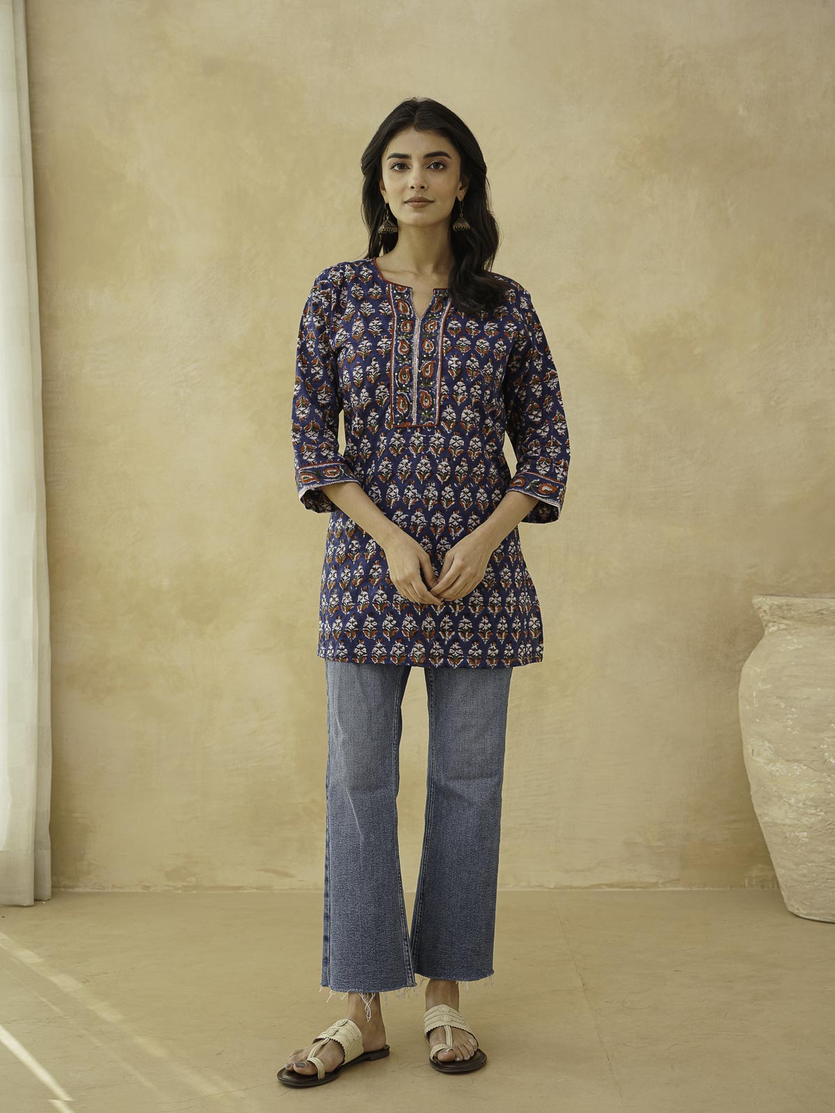 Cotton Printed Sequin Short Kurti For Women Blue
