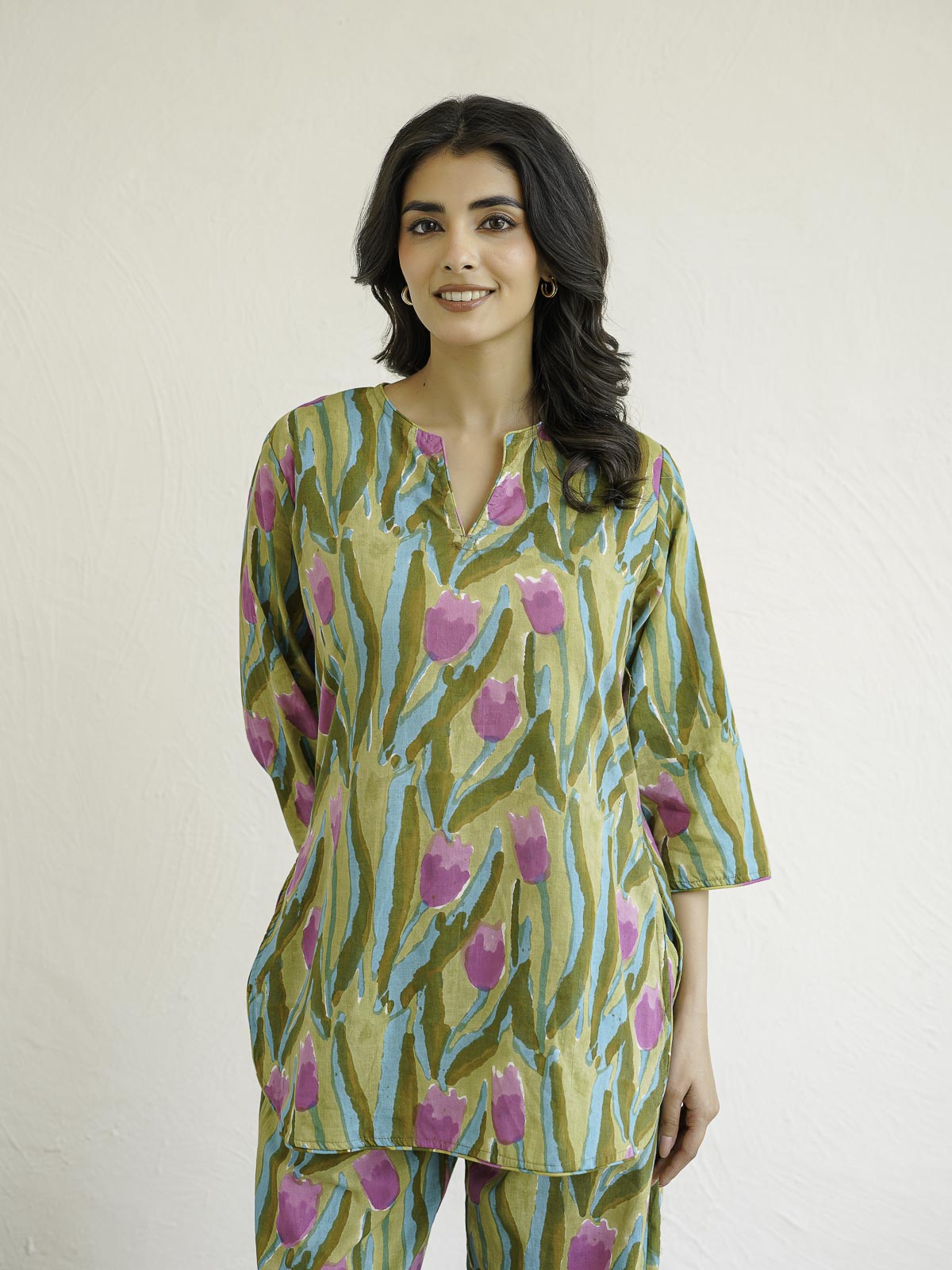 Cotton Printed Lounge Wear Coord Set Green Flower